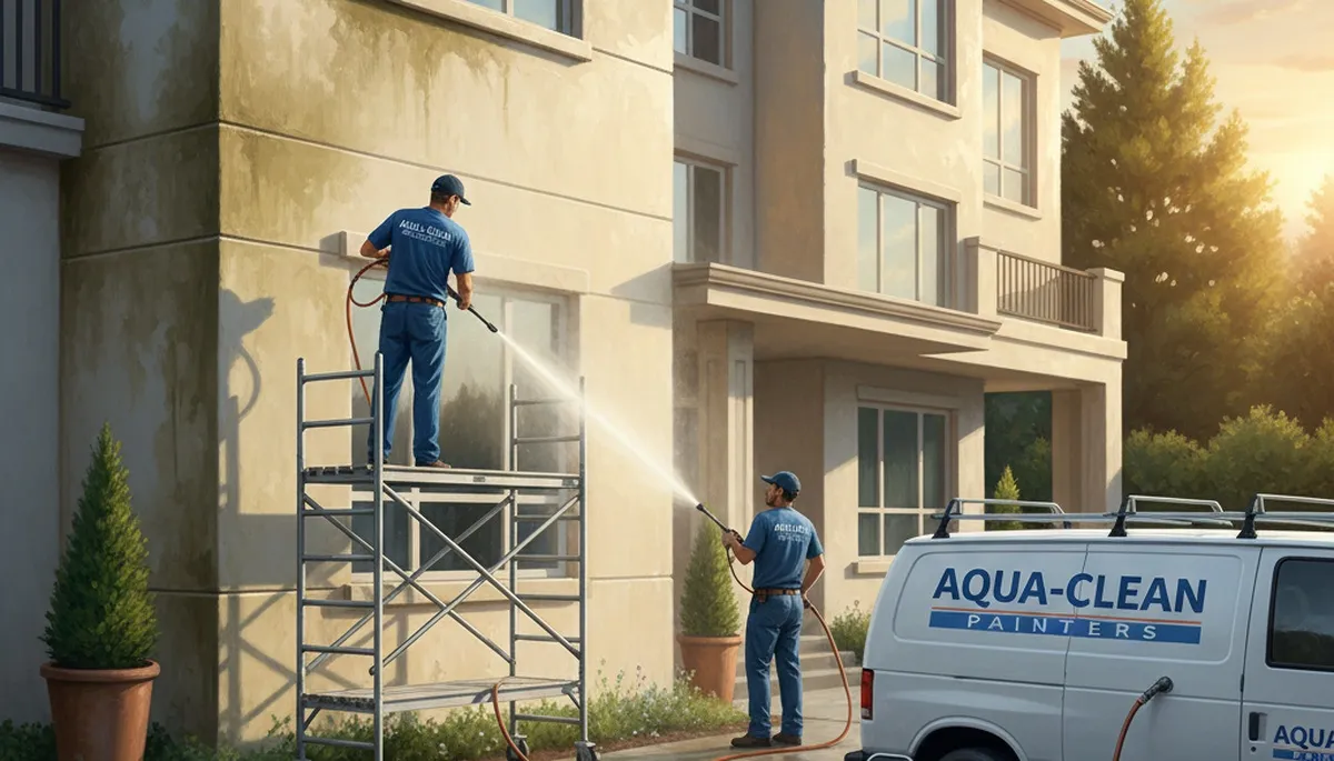 Lancaster, PA painters pressure cleaning an exterior surface to remove mildew, grime, and pollen