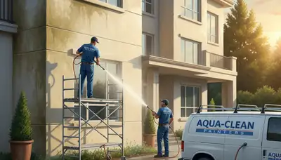 Lancaster, PA painters pressure cleaning an exterior surface to remove mildew, grime, and pollen